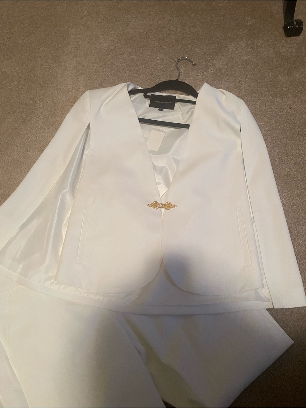 White Women's Tailored cape Blazer with Gold Hook Closure and matching pants